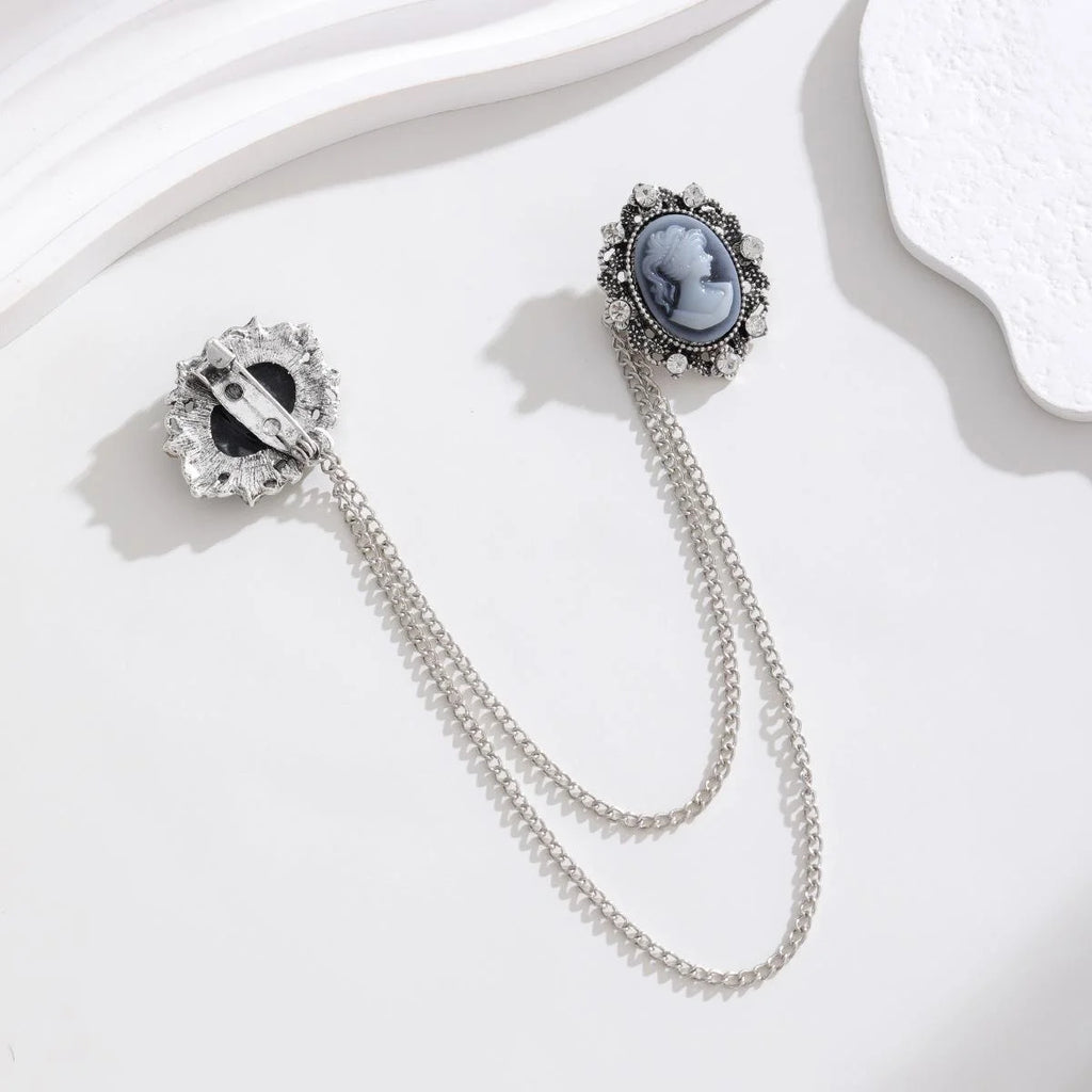 Vintage Cameo Lady Head Alloy Rhinestone Double Chain Brooch Collar Pin For Suit Lapel Scarf Gift