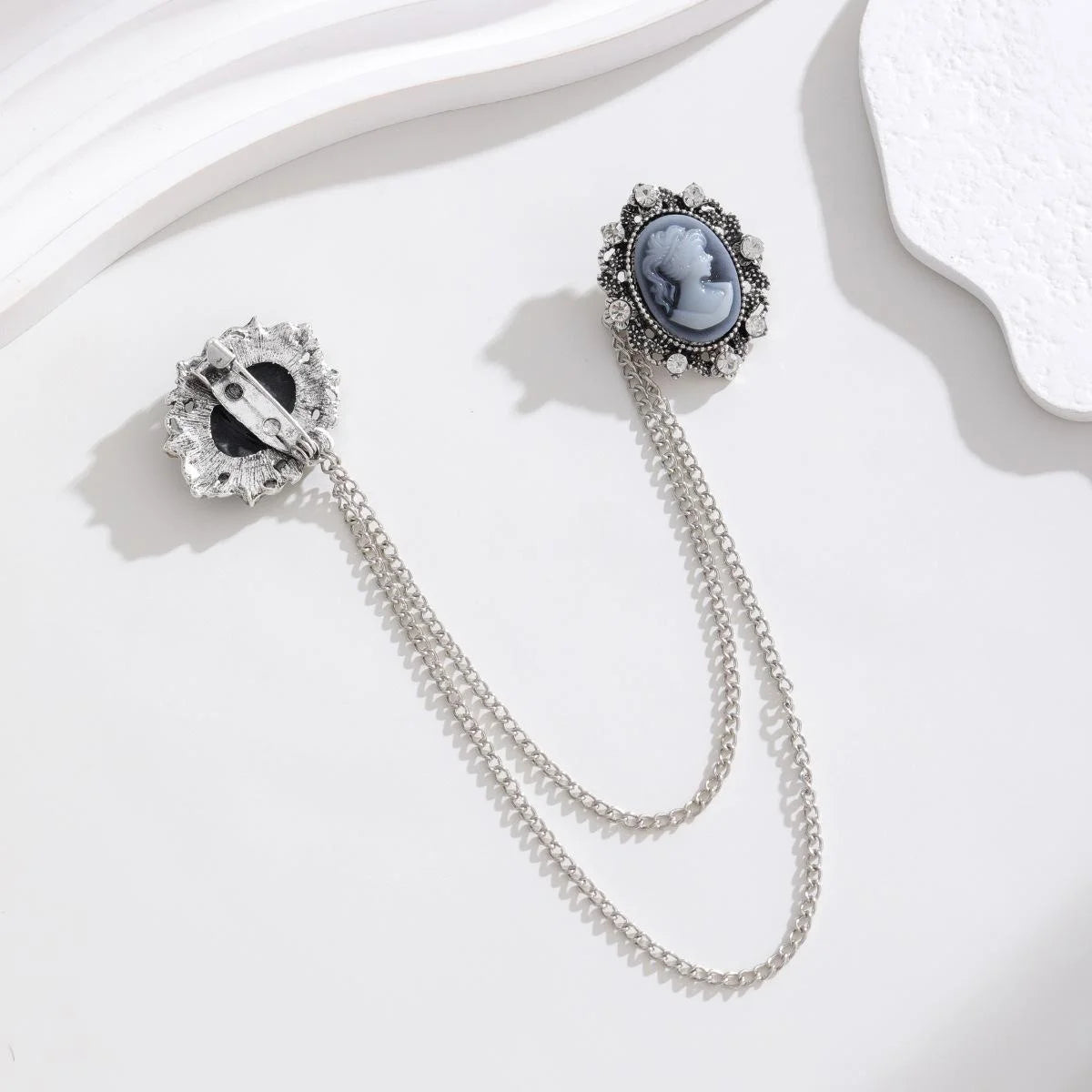 Vintage Cameo Lady Head Alloy Rhinestone Double Chain Brooch Collar Pin For Suit Lapel Scarf Gift
