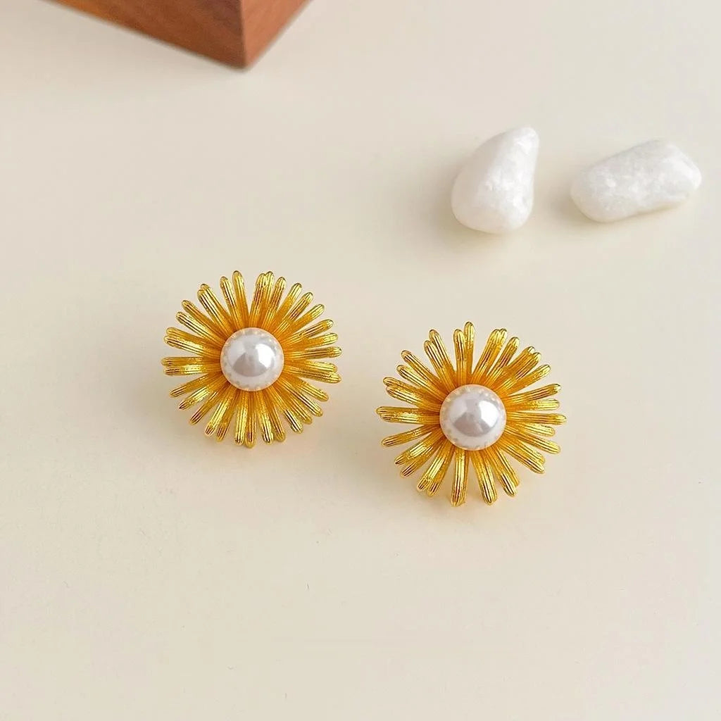 French Vintage 14K Plated Copper Sunflower Glass Pearl Drop Earrings For Women