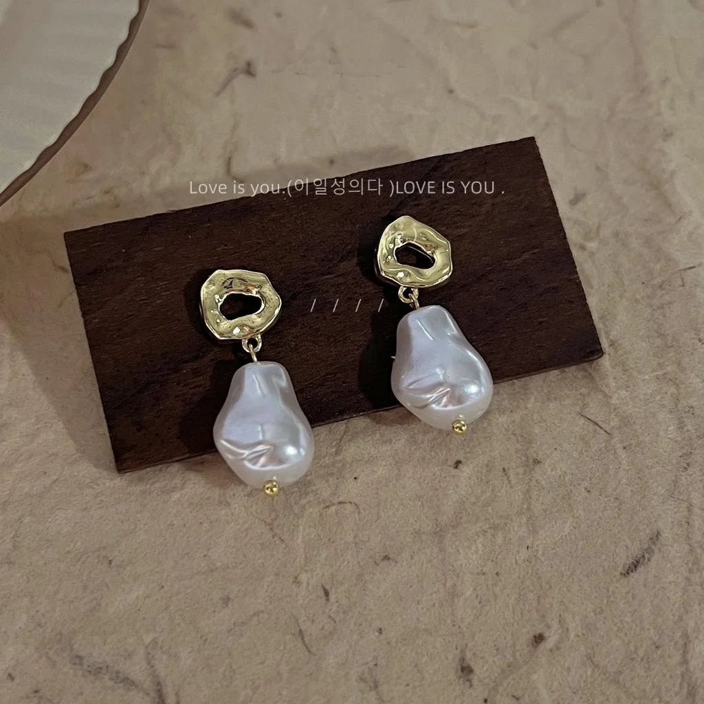 French Vintage 14K Gold Plated Copper Baroque Irregular Pearl Stud Earrings