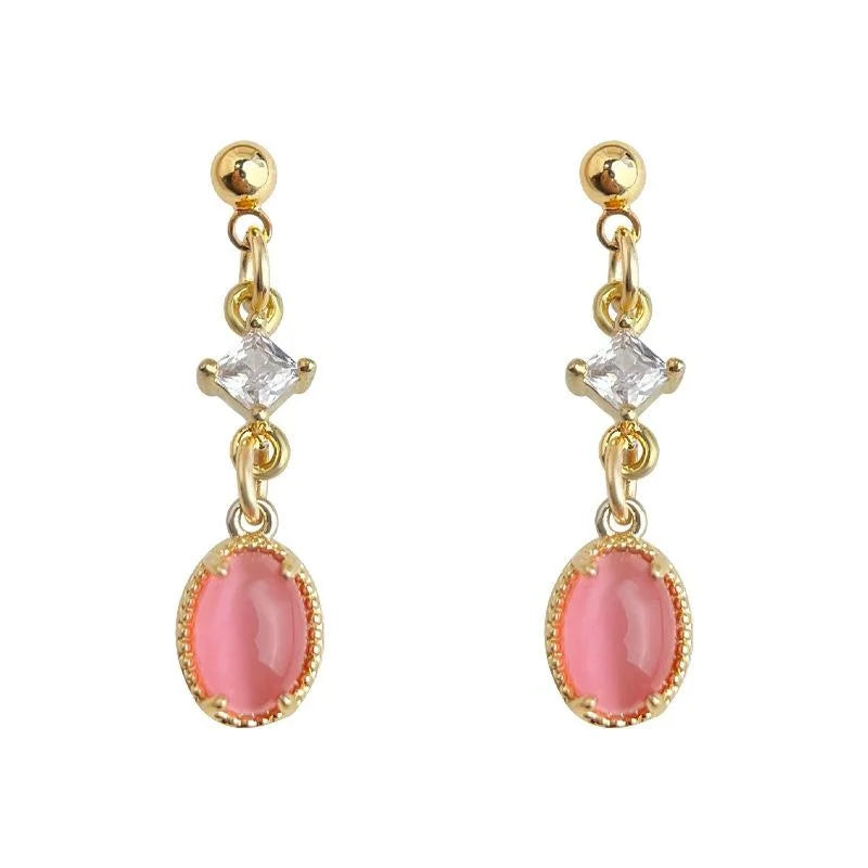 Sweet Rose Red Glass Cat Eye Stone Micro Pave Zircon Copper Geometric Drop Earrings