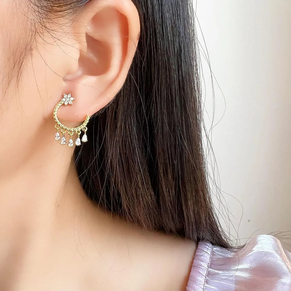Elegant C Shape Hoop Spiral Disc Stud & Clip On No Piercing Alloy Rhinestone Teardrop Dangle Earrings