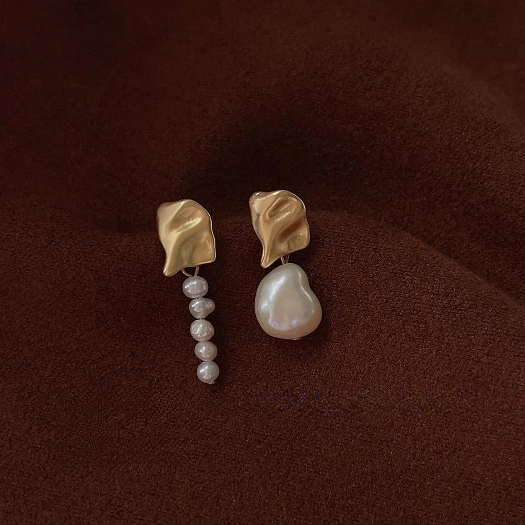 Handmade Baroque Freshwater Pearl Stud Earrings Asymmetrical Geometric Silver Plated Copper French Style