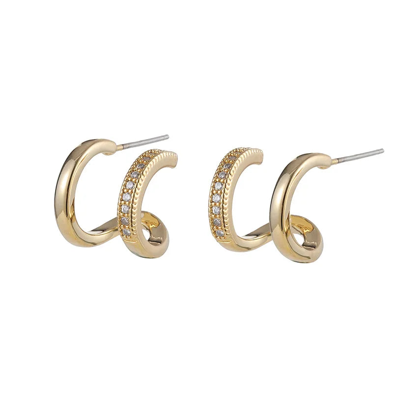 Elegant Gold Spiral Double Hoop Zircon Alloy Stud & Clip On No Piercing Minimalist Women Earrings