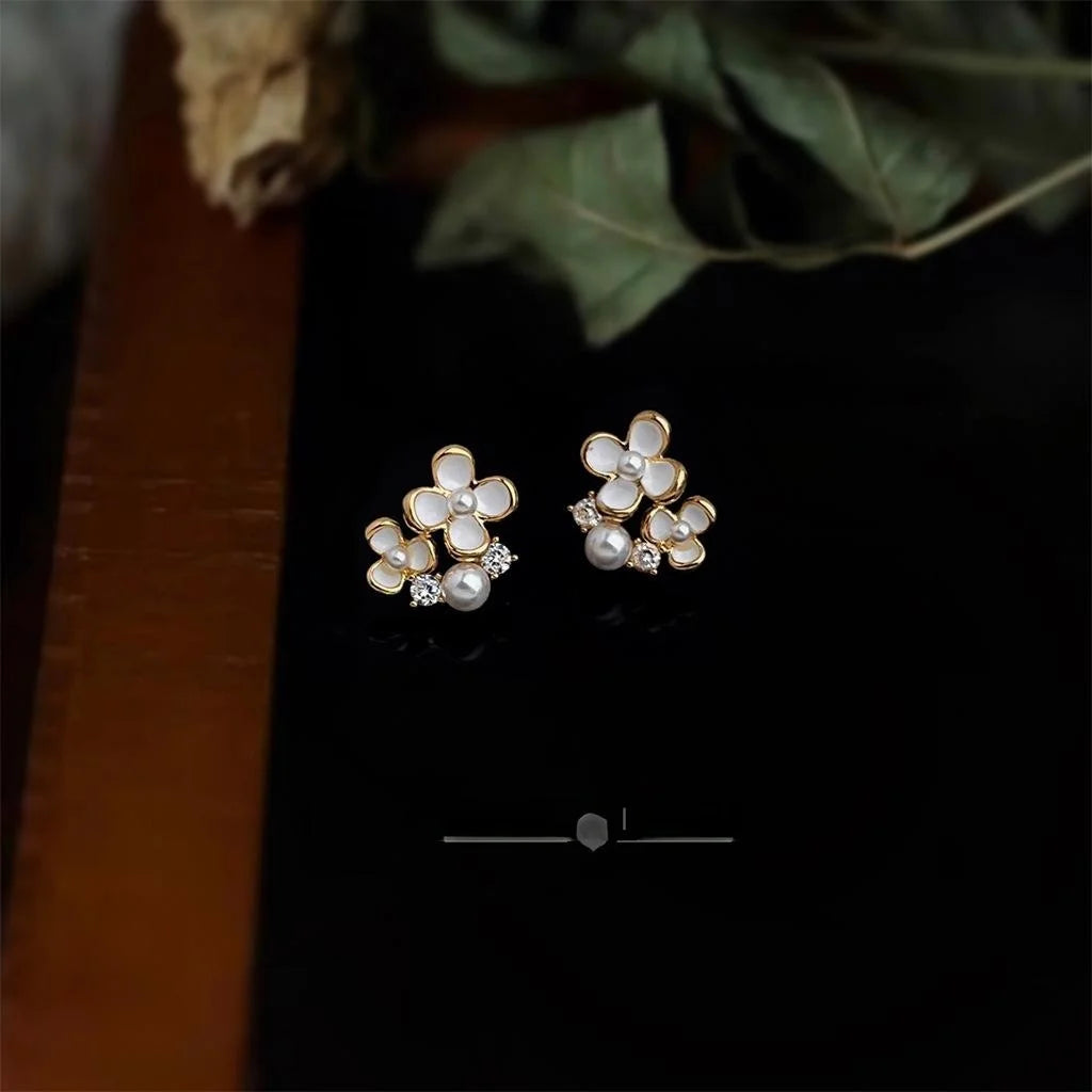 Sweet White Enamel Flower Stud Earrings Copper Micro Pave Zircon Mini Floral Jewelry