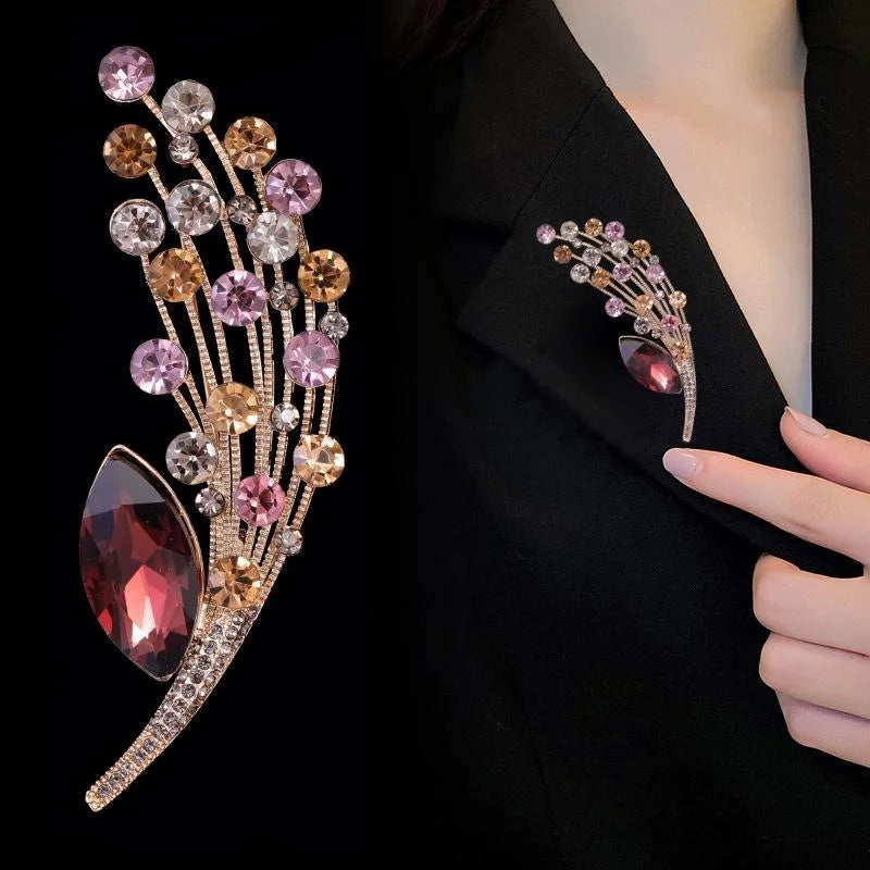 Luxury Leaf Spray Rhinestone Alloy Brooch With Red Crystal, Elegant Lapel Pin Corsage Suit Accessory