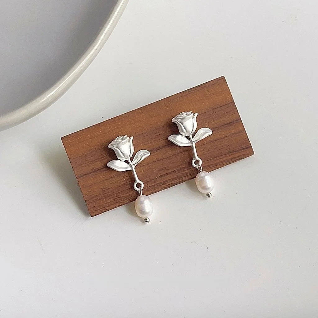 Handmade Rose Flower Stud Earrings With Freshwater Pearl, Matte Silver Plated Copper Luxury Jewelry