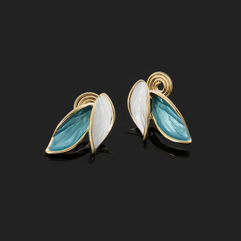 Elegant Blue And White Leaf Enamel Alloy Stud & Clip On No Piercing Spiral Gold Tone Women's Earrings