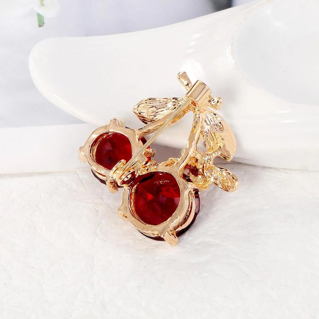 Cute Cherry Bee Enamel Rhinestone Brooch For Women, Alloy Lapel Pin Cardigan Clasp Suit Accessory Gift