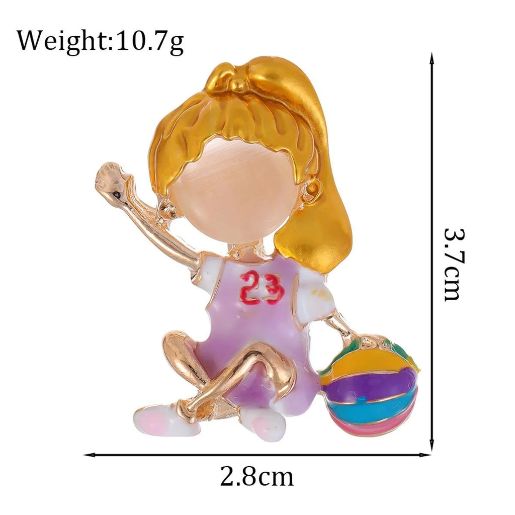 Cute Enamel Alloy Female Basketball Player Brooch With Colorful Ball, Creative Lapel Pin Gift