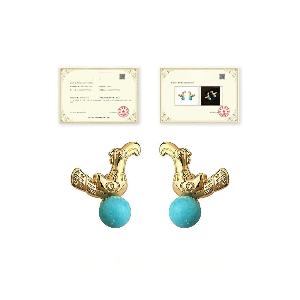 Vintage Bird Geometric Copper Synthetic Turquoise Stud Earrings