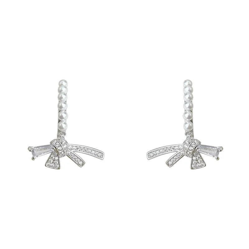 Light Luxury Copper Bow Micro Pave Zircon Silver Plated Pin Drop Earrings For Women