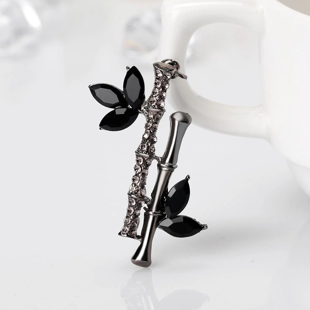 Elegant Bamboo Brooch With Rhinestone Crystal Leaves, Alloy Plant Lapel Pin Corsage Suit Accessory Gift