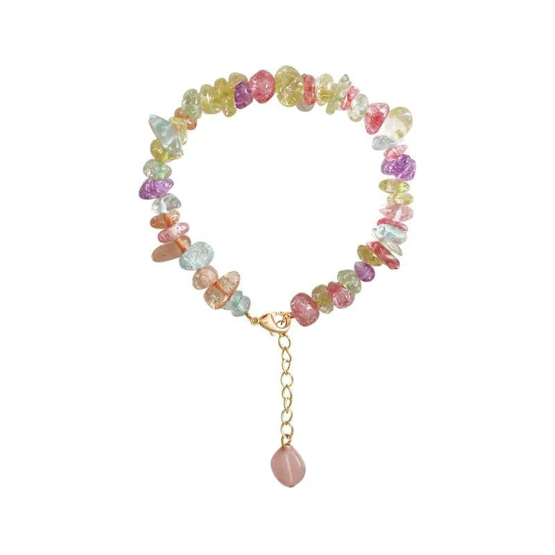 Handmade Colorful Glass Crystal Chip Choker Necklace Sweet Summer Geometric Round Bead Collar