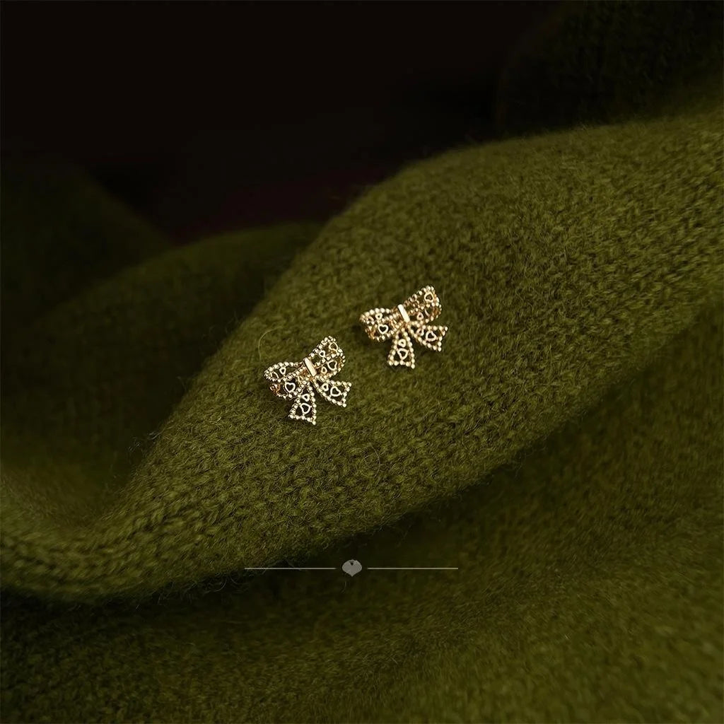 14K Gold Plated Copper Mini Hollow Bow Stud Earrings For Women