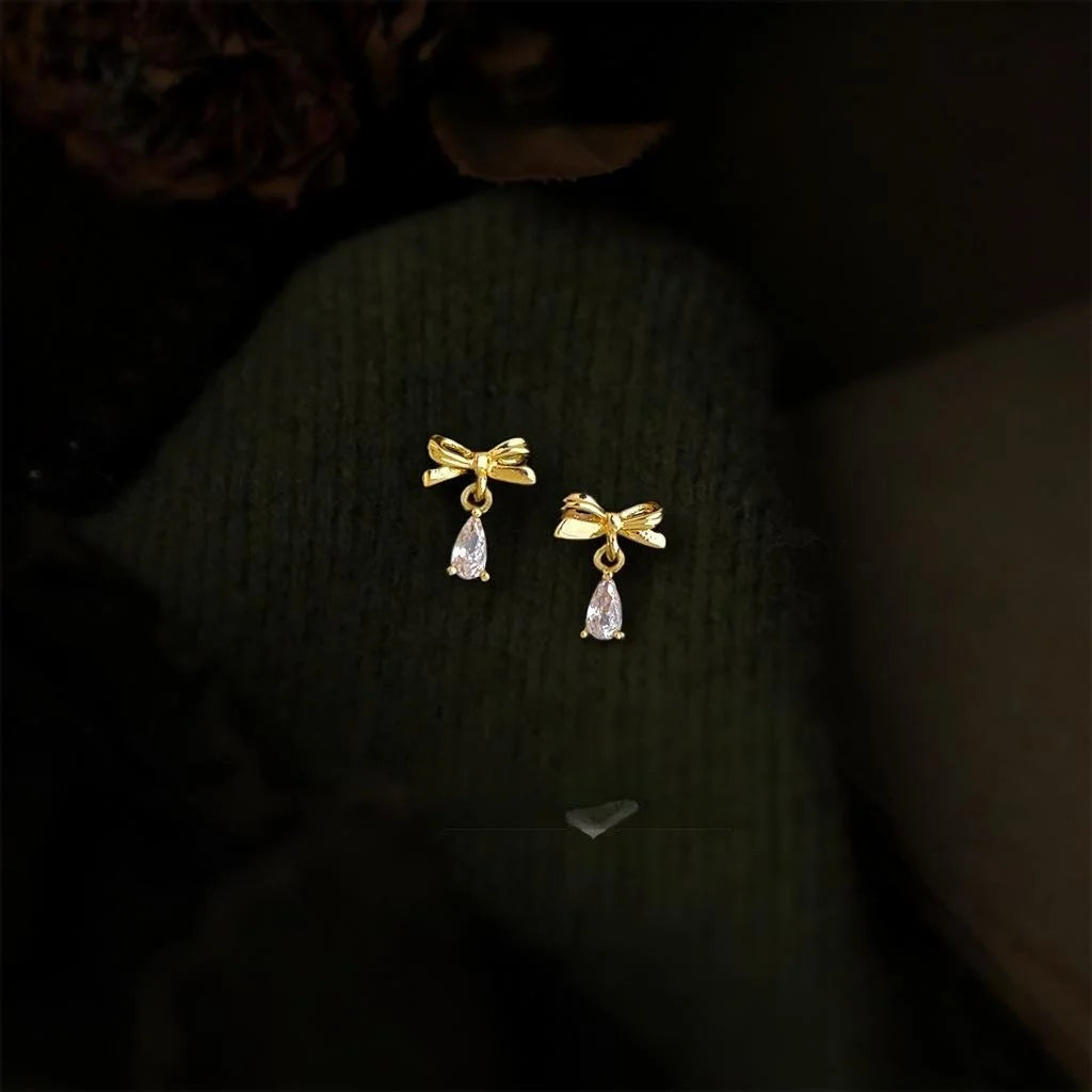 French Vintage Copper Bow Teardrop Stud Earrings With Micro Pave Zircon Sweet Commuter Jewelry