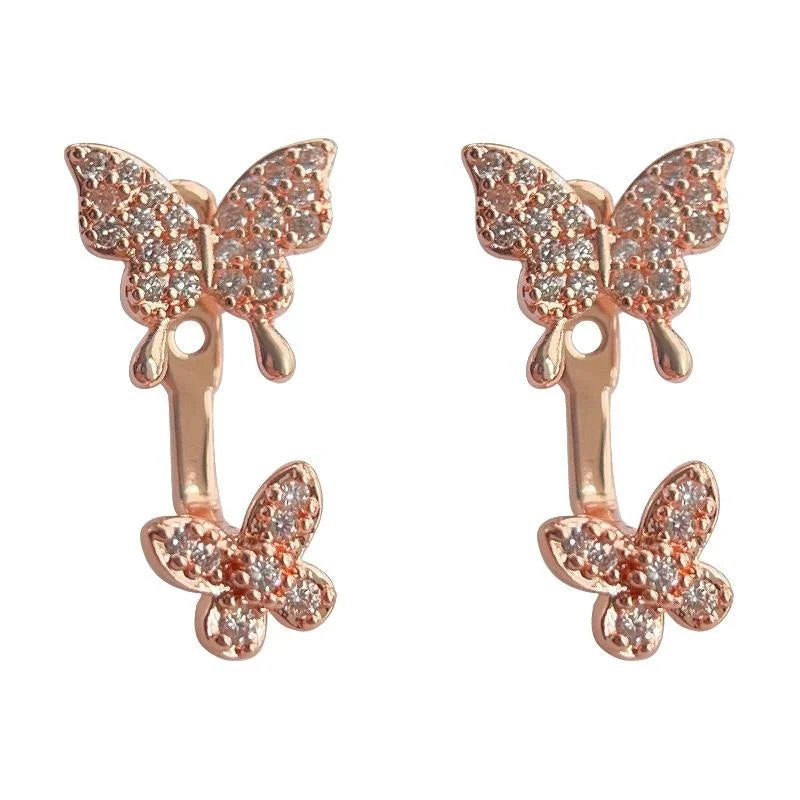 Elegant Rose Gold Plated Copper Butterfly Drop Earrings With Micro Pave Zircon
