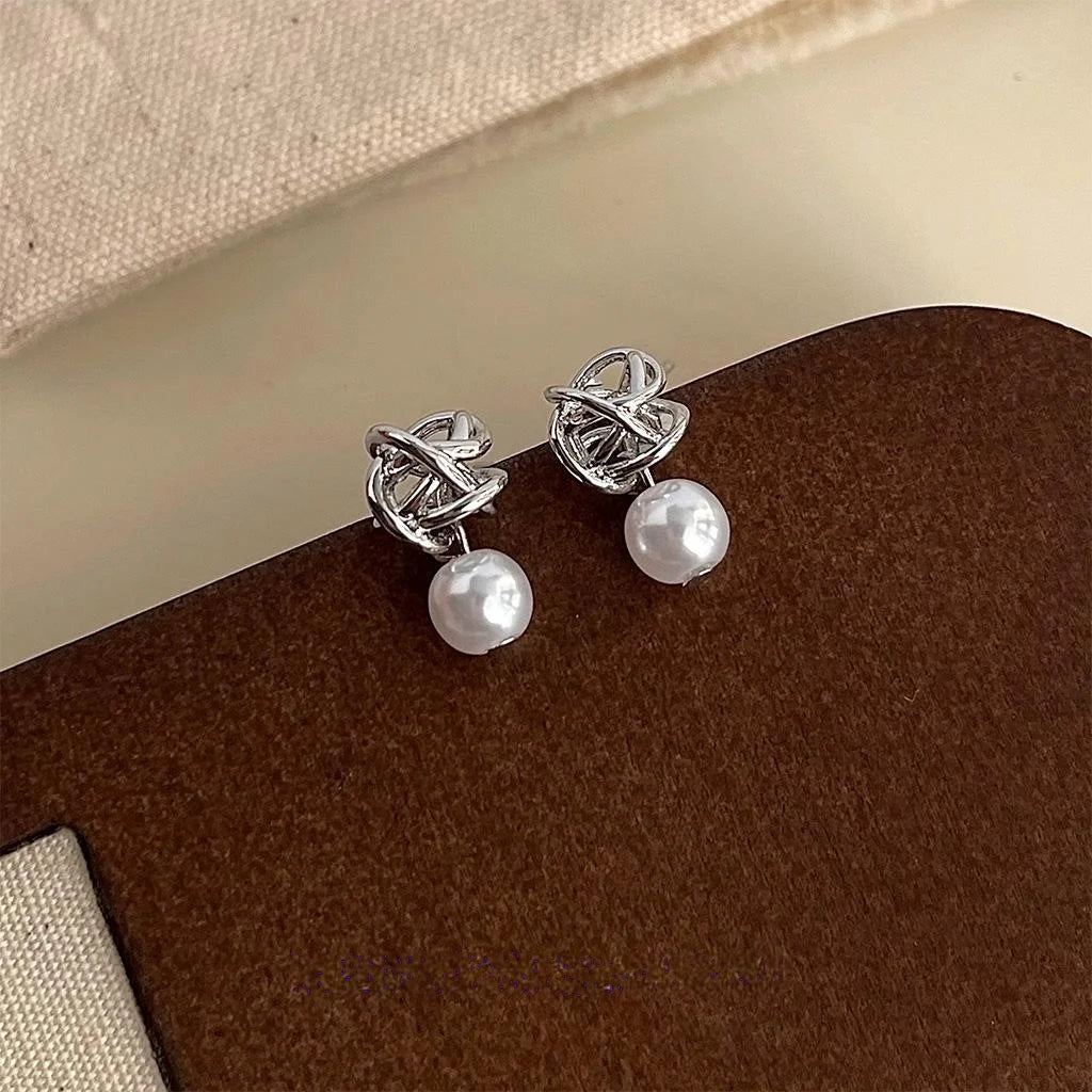 Irregular Geometric Wire Wrapped High Luster Pearl Drop Earrings, Handmade Hollow Versatile Style