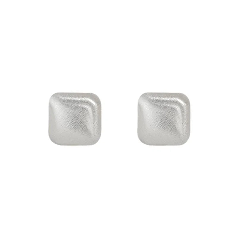 Brushed Silver Tone Geometric Square Stud Earrings Minimalist Premium Metal Ear Jewelry