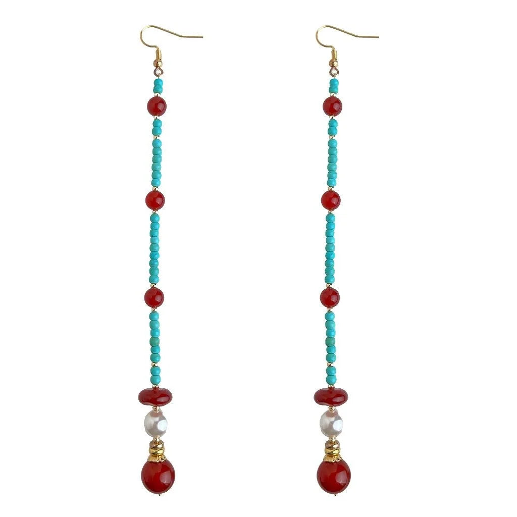 Long Tassel Drop Earrings With Synthetic Turquoise And Red Agate Geometric Chinese Chic Style