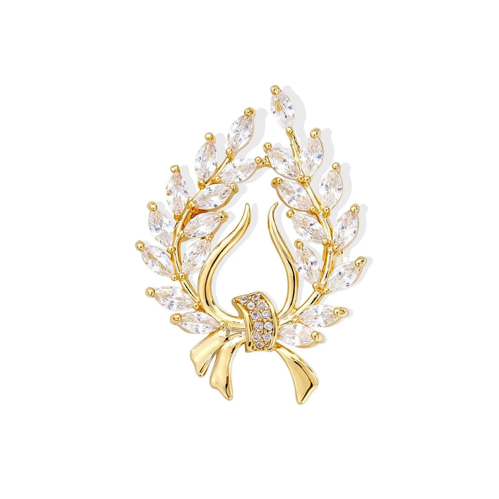 Luxury Gold Wheat Sheaf Zircon Brooch, Elegant Harvest Leaf Lapel Pin Corsage For Coat Suit Gift