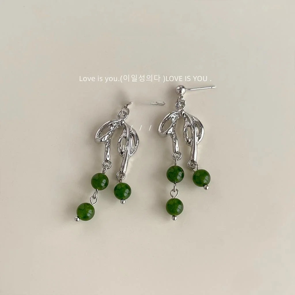 Handmade New Chinese Style Emerald Natural Stone Bow Tassel Drop Earrings Silver Plated Copper