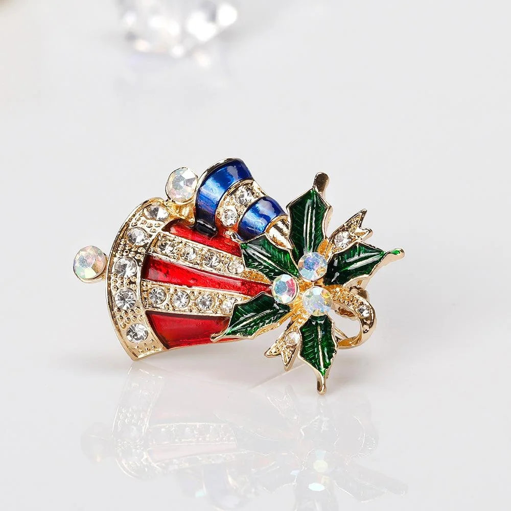 Luxury Christmas Bell Holly Enamel Alloy Rhinestone Brooch, Elegant Lapel Pin Corsage Suit Accessory Gift