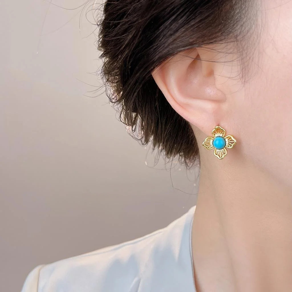 Vintage Hollow Lace Floral Geometric Copper Stud Earrings With Synthetic Turquoise Zircon