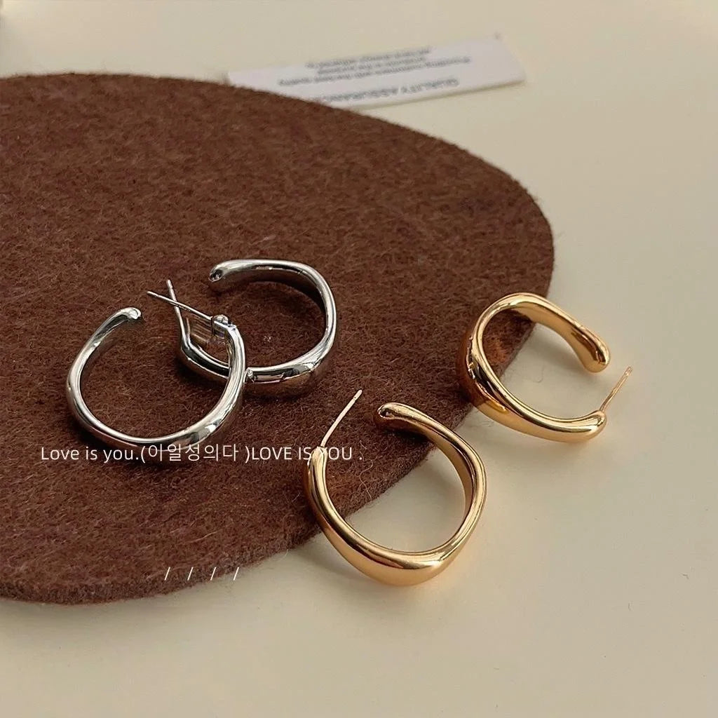 Minimalist Irregular Geometric Copper Drop Earrings, French Glossy Metal Style