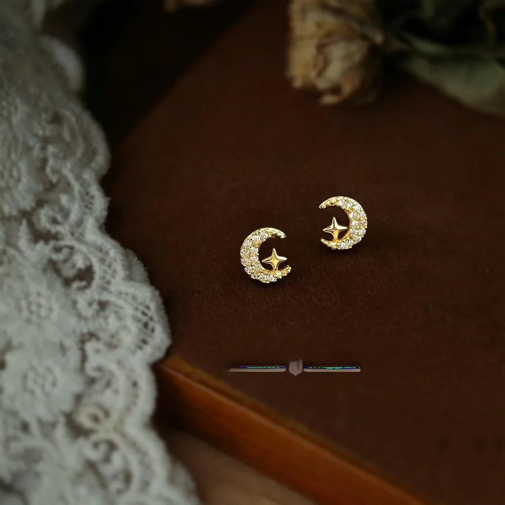 Mini Zircon Moon Star Stud Earrings Eco-Friendly Copper Micro Pave Minimalist Commuter Jewelry