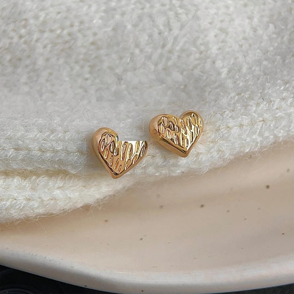 14K Gold Plated Copper Mini 3D Textured Heart Stud Earrings Sweet Minimalist Everyday