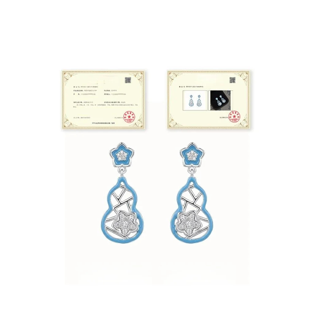 Original Designer Blue Enamel Gourd Flower Copper Zircon Drop Earrings Sweet Elegant Women's Jewelry