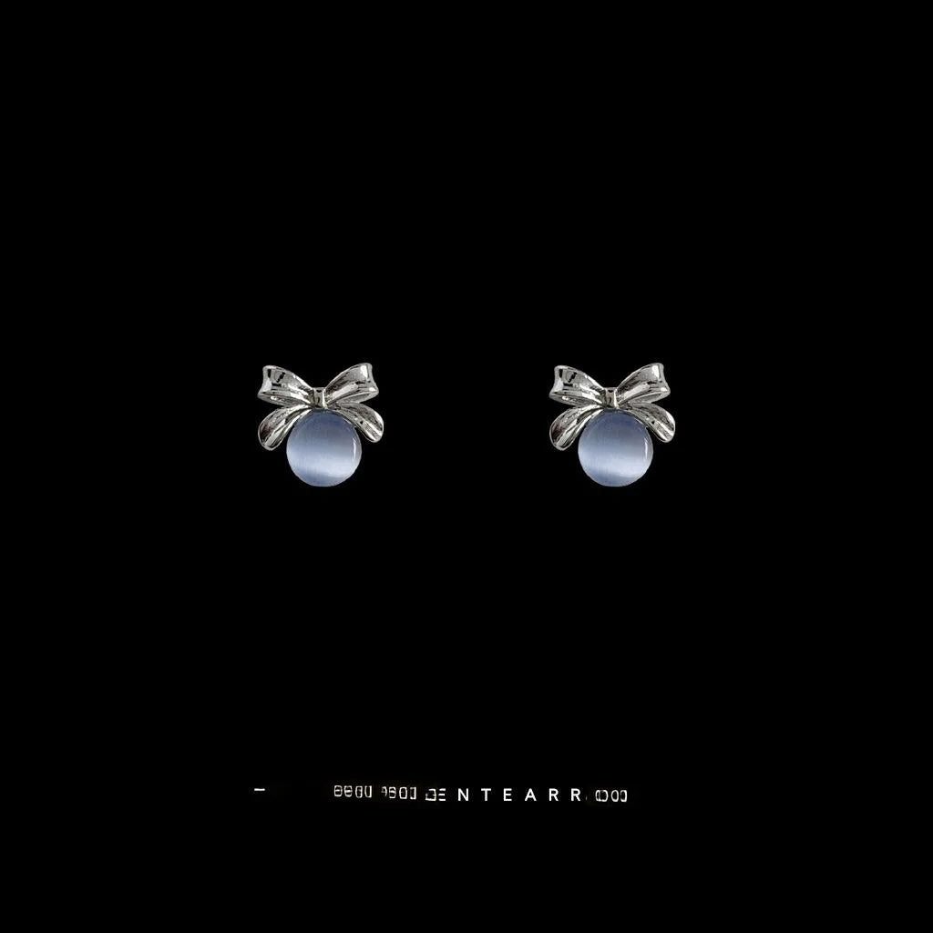 Cute Mini Blue Glass Cat Eye Bow Stud Earrings Silver Plated Copper Sweet Simple Jewelry