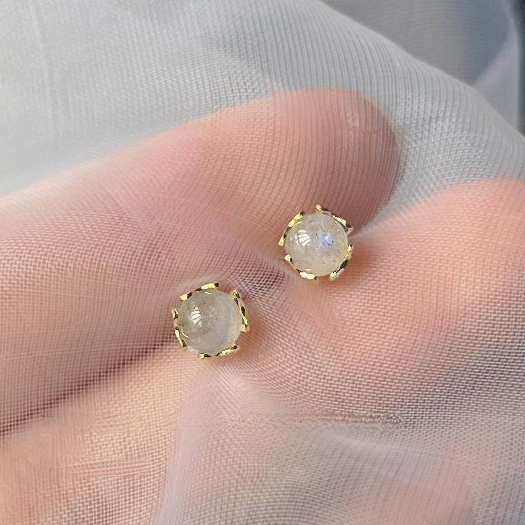 Natural Stone Green Phantom Round Stud Earrings 14K Plated Mini Fresh Style
