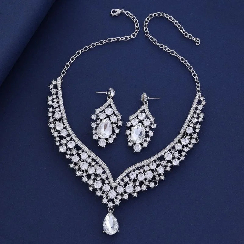 Luxury Bridal Crystal Rhinestone Teardrop Necklace And Earrings Jewelry Set For Wedding Banquet Party Gift
