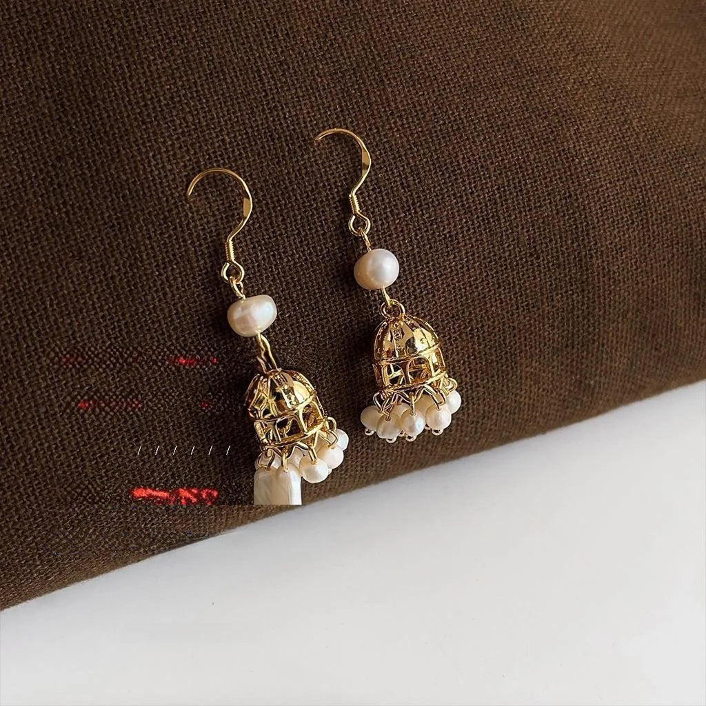 Handmade Freshwater Pearl Tassel Drop Earrings 14K Plated Geometric Light Luxury Jewelry