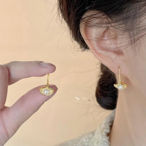 Elegant 14K Plated Copper Ginkgo Leaf Pearl Drop Earrings For Women