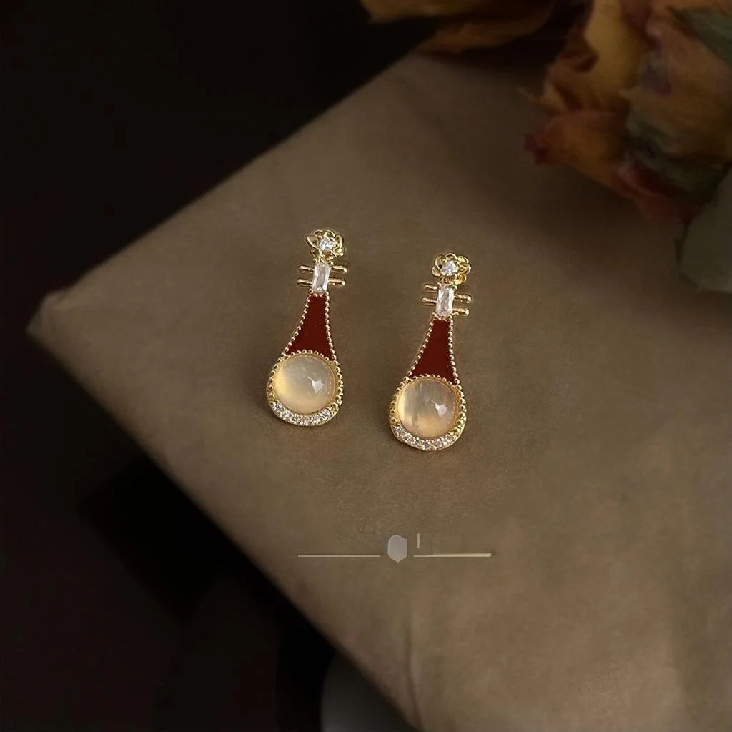 Chinese Style Pipa Agate Drop Earrings With Burgundy Enamel And Micro Pave Zircon