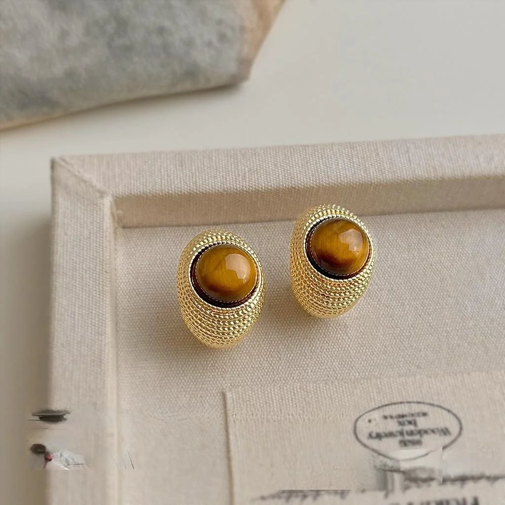 Vintage 14K Plated Copper Natural Tiger Eye Teardrop Geometric Drop Earrings
