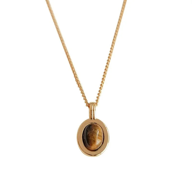 14K Gold Plated Copper Tiger Eye Stone Oval Geometric Clavicle Necklace For Women