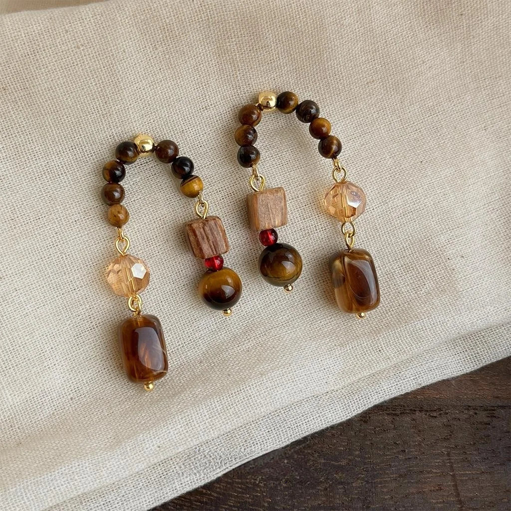 Maillard Style Handmade Copper Tiger Eye Rosewood Glass Crystal Geometric Drop Earrings
