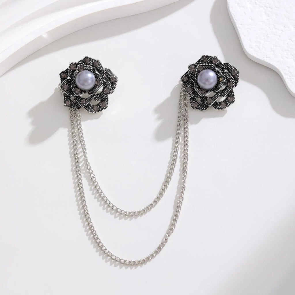 Elegant Korean Camellia Pearl Brooch With Gold Chain And Rhinestone Zircon, Women's Lapel Pin Suit Accessory