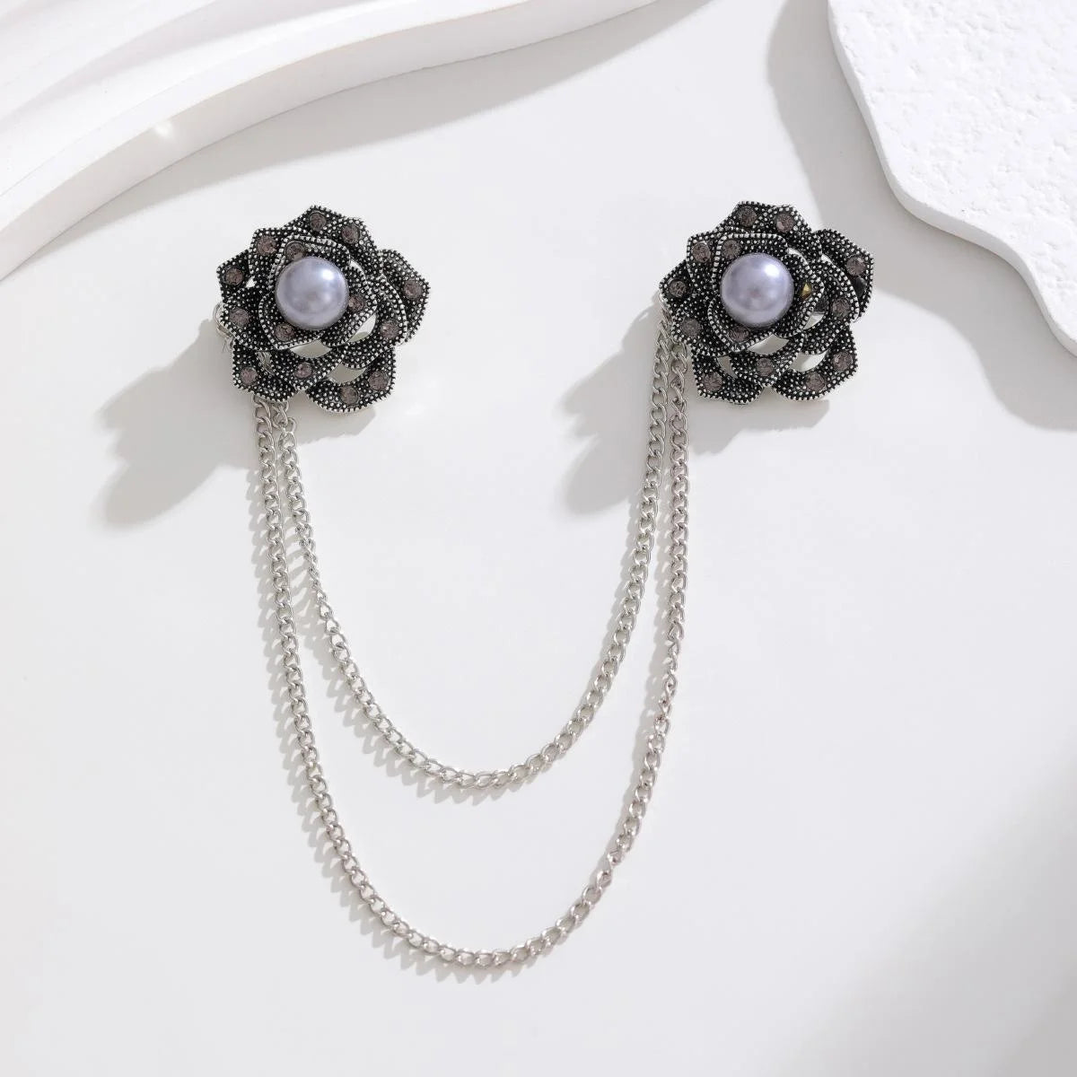 Elegant Korean Camellia Pearl Brooch With Gold Chain And Rhinestone Zircon, Women's Lapel Pin Suit Accessory