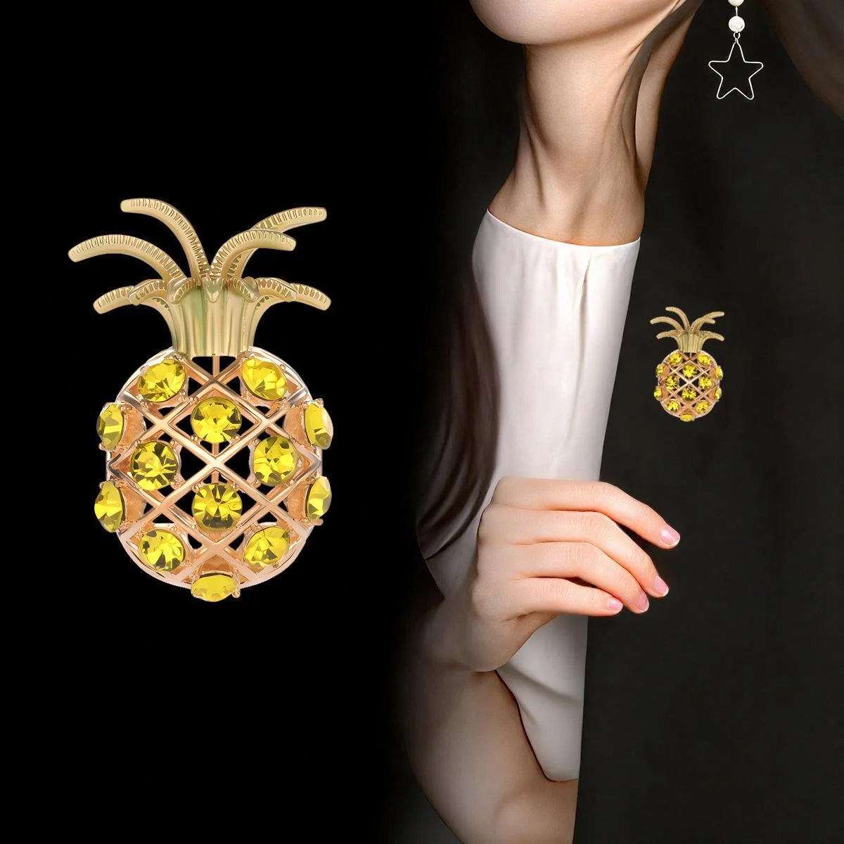 Luxury Pineapple Brooch With Yellow Rhinestones, Gold Tone Alloy Fruit Lapel Pin Corsage Gift