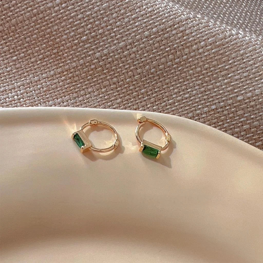 Minimalist Copper Green Rectangular Zircon Stud Earrings Micro Pave Geometric Daily Jewelry