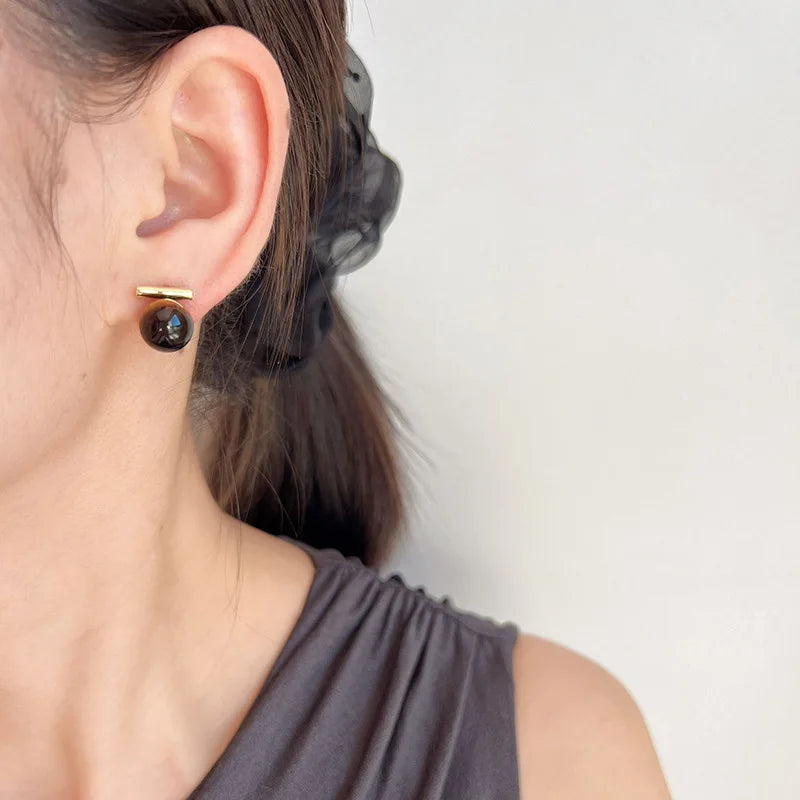 Elegant Tiger Eye Stone Round Ball Gold Alloy Bar Stud & Clip On No Piercing Commuter Earrings