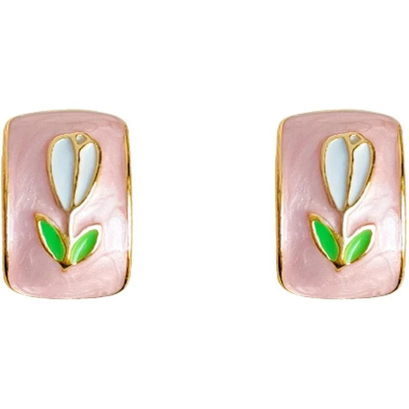 Sweet Pink Tulip Enamel Copper Stud Earrings Fresh Floral Geometric Spring Summer Jewelry