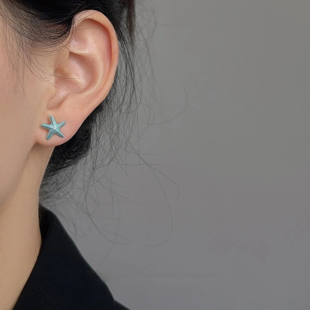 Mini Asymmetric Starfish Shell Copper Stud Earrings, Cute Silver Plated Minimalist Jewelry