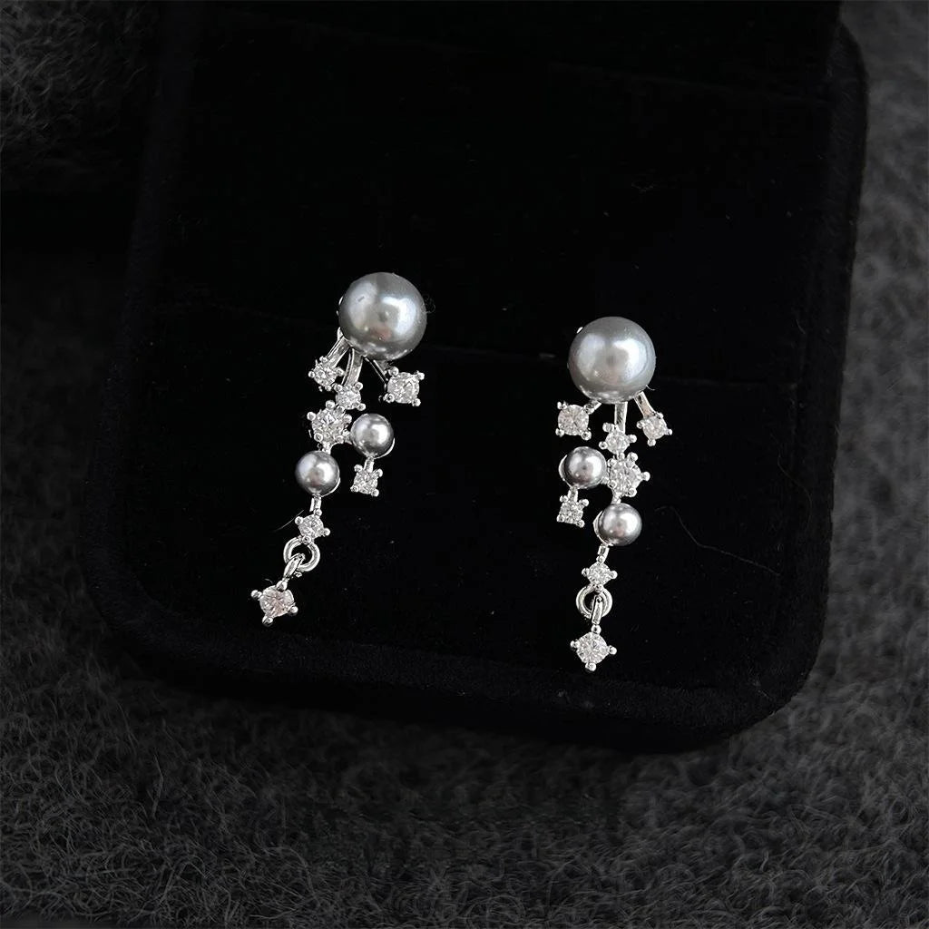 Light Luxury Copper Micro Pave Zircon Long Tassel Drop Earrings With Gray Pearl