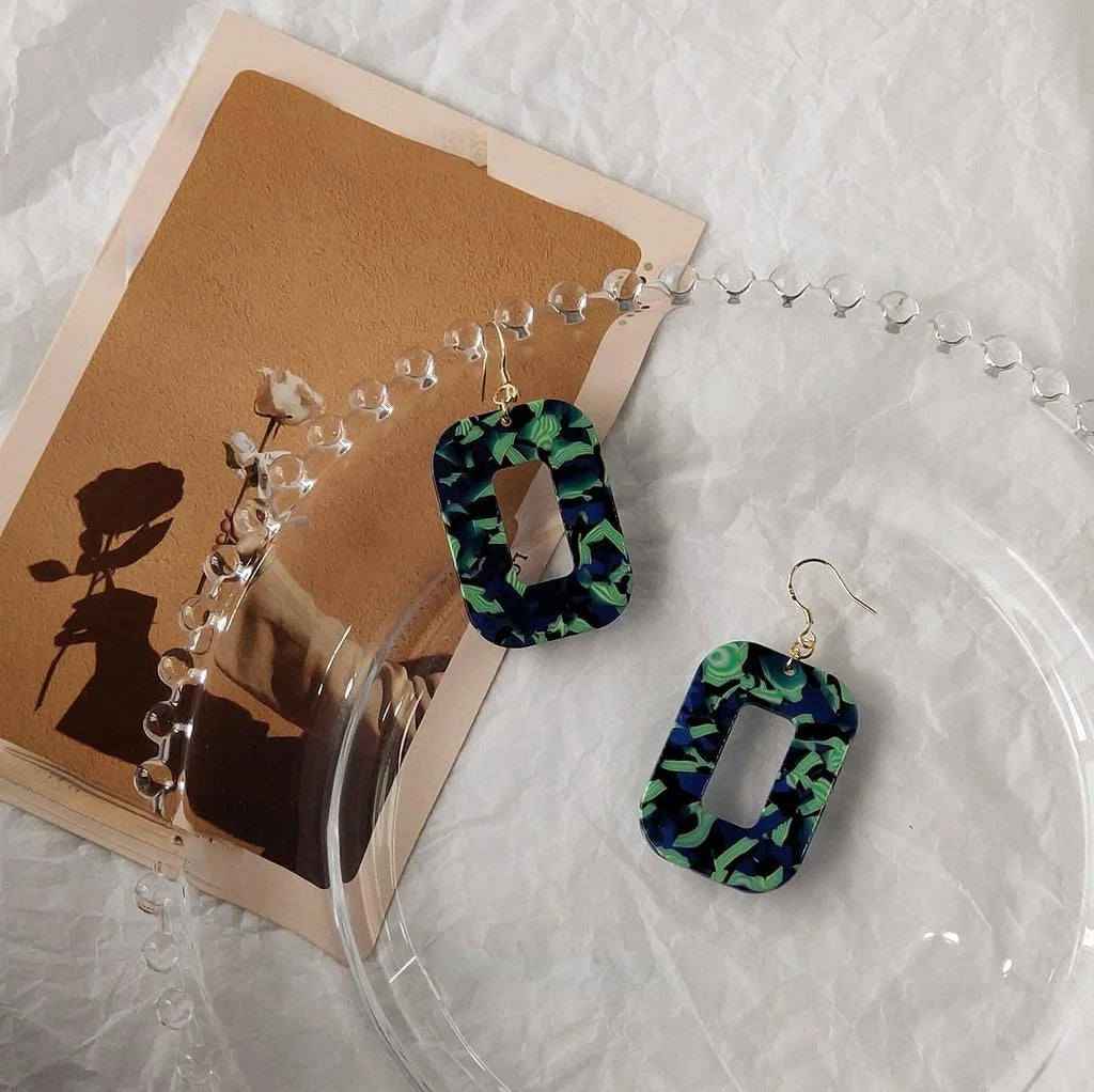 Hong Kong Style Vintage Green Acrylic Geometric Square Drop Earrings Irregular Marbled Design